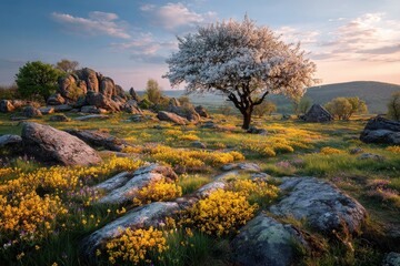 Blossoming tree stands in a meadow with yellow flowers, rocks, and rolling hills during the golden hour in spring at Korsun-Shevchenkivskyi, Ukraine