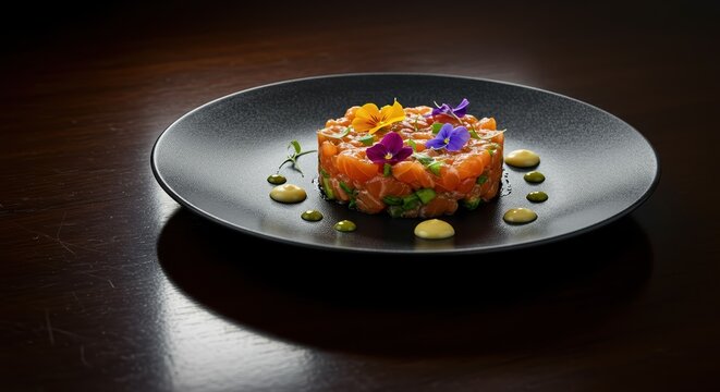salmon with flower, raw salmon, on a black plate in a modern place