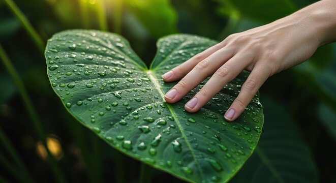 woman hands with water drops on green leaf