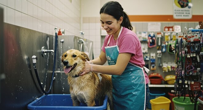 woman giving a bath to a dog at the pet shop
