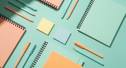 Flat lay of notebooks pens and sticky notes on teal background