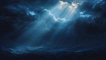 Fototapeta premium Dramatic sky with rays of light piercing dark clouds over stormy sea