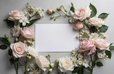 Elegant floral arrangement of delicate pastel roses, blossoms frames blank white card. Tender display of flowers offers comfort, solace, ideal for expressing sympathy, condolences, heartfelt