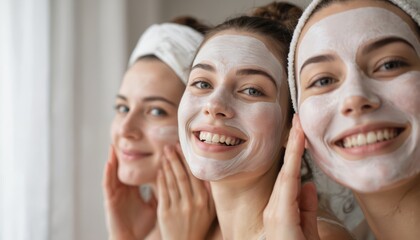 Three young women enjoy home spa day, applying face masks, smiling. Friends share laughter, relaxation, pampering skin for rejuvenation, bonding. Moment of joy, wellness, togetherness during morning