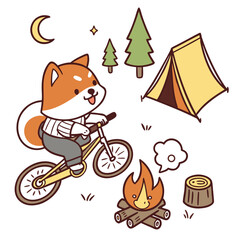 Creative SVG: Playful Shiba inu with riding a bicycle in a Campfire Glow colored Camping trip theme