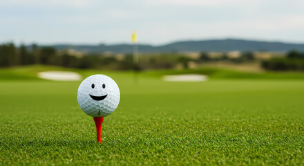 Happy Golf Ball on a Tee in a Lush Green Golf Course