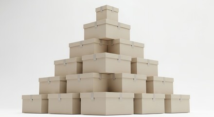 Large Stack of Brown Cardboard Delivery Boxes Forming a Pyramid on White Background Ideal for