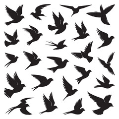 Fototapeta premium A mesmerizing collection of bird silhouettes in various stages of flight, showcasing their graceful wings and the essence of freedom, isolated on white background