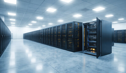 Rows of modern data center servers glow with internal lights. Computer network racks fill clean, brightly lit room. Technology infrastructure supports data storage, processing, advanced network