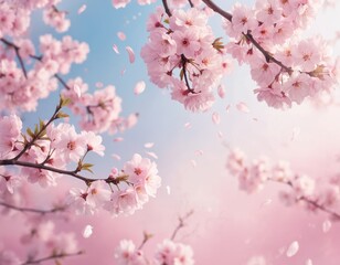 Soft pink cherry blossoms bloom against pastel blue sky. Delicate flower petals gently fall, creating dreamy atmosphere of springtime beauty. Floral scene evokes romance, tranquility, perfect for