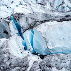Aerial View of Striking Blue and White Glacier Ice Formation in Harsh Environment on Sunny Day
