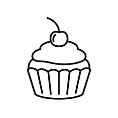 Outlined Cupcake with Frosting and Cherry Topping on White Background