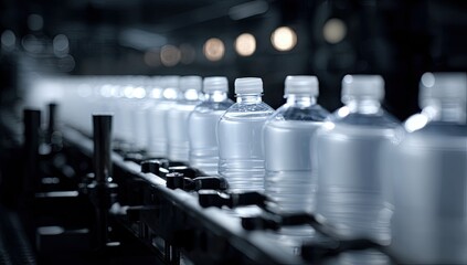 Obraz premium Clear plastic water bottles on a conveyor belt in a dark industrial setting