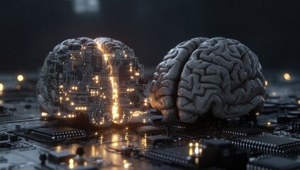 Two brains, one technological, the other organic, on a circuit board