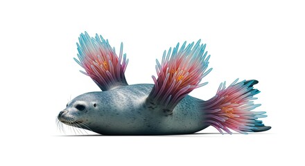 Fototapeta premium A seal with colorful appendages lying on its stomach against a plain white studio background scene