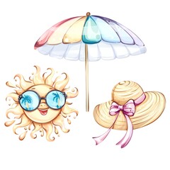 Vibrant summer vacation elements including a cheerful sun, colorful beach umbrella, and stylish straw hat evoke feelings of relaxation by the seaside during sunny days