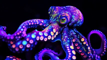 Fototapeta premium Vibrant Neon Octopus Undersea Glow In Dark