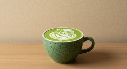 Close up of a beautifully crafted matcha latte art served in a stylish green cup creating a serene minimalist vibe