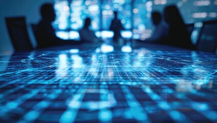 Blurred image of a business meeting, overlaid with digital circuitry