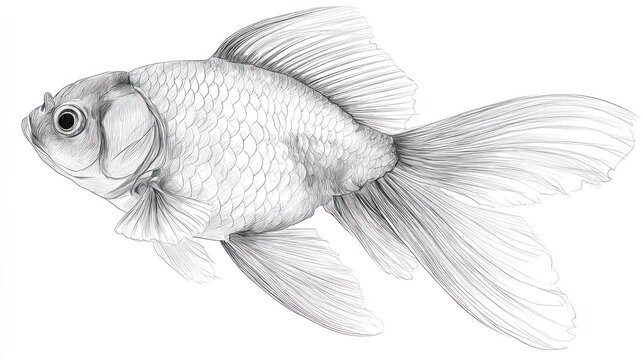 Graceful, silvery goldfish with flowing fins, detailed scale texture, and realistic pencil shading