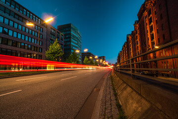 Summer Night Streetscape of Hamburg, Germany with Light Trails