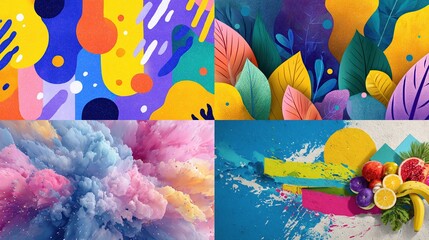 Collage of four vivid, abstract artworks featuring various colorful shapes and textures