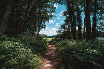 Fototapeta premium Lush forest path leading to a distant meadow