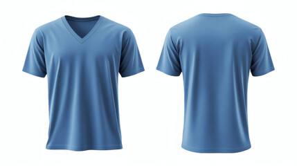Plain simple sea blue V-neck t-shirt 3D mockup displaying front and back perspectives for your unique clothing designs on a clean white background