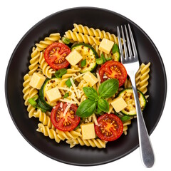 closeup colorful vegetable fusilli pasta salad with cut tomato, zucchini, spinach, herbs, feta cheese in plate with spoon, white background, top view