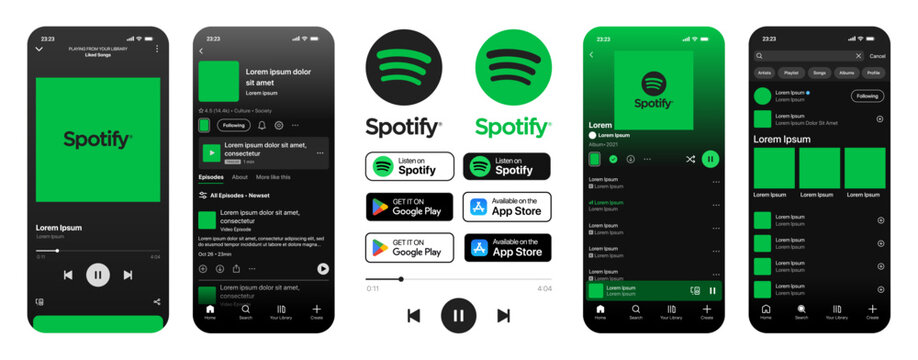 Spotify music app UI mockup with playlist layout, theme display, and playback controls in sleek mobile streaming interface design