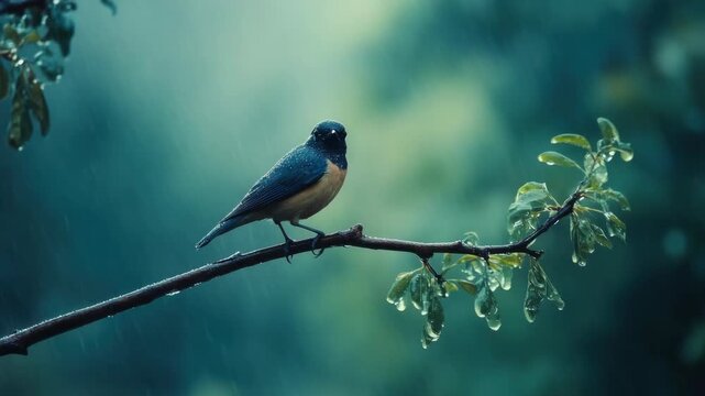 A bluebird perched on a branch during rain, with a green forest background.