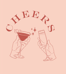 Original illustration featuring cocktail glasses toasting. Minimalist drawing of glasses. Ideal for celebrations, bars, posters, menus, or graphic design.