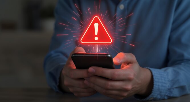 Digital Warning Alert on Mobile Phone Screen Hands Holding Device with Exclamation Symbolizati