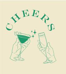 Original illustration featuring cocktail glasses toasting. Minimalist drawing of glasses. Ideal for celebrations, bars, posters, menus, or graphic design.