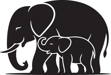 Obraz premium Elegant black and white silhouette of mother elephant protecting calf wildlife illustration