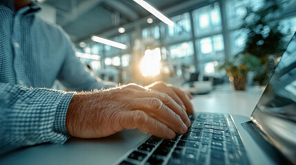 Senior manager working on laptop in modern office at sunset
