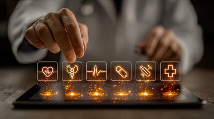 Doctor using futuristic digital tablet for healthcare management