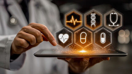 Doctor using futuristic digital tablet for healthcare management