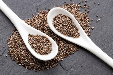 Salvia Hispanica - Nutrient chia seeds in two spoons.