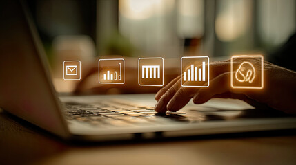 Businessman working on laptop with digital marketing and e-commerce icons