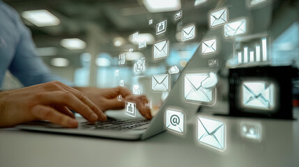 Businessman receiving many emails while typing on laptop in office