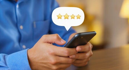 Hands Holding Smartphone with Five Golden Stars for Online Rating and Customer Feedback