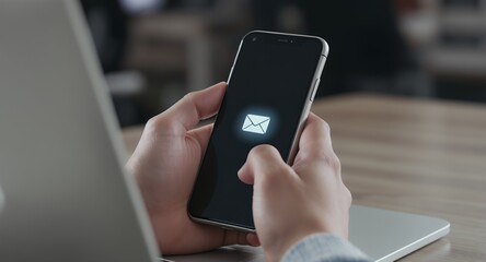 Hands Holding Smartphone with Glowing Email Notification Icon on Screen Digital Communication