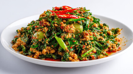 Pad krapow looks savory, and plastic pad gives nice presentation against plain background, truly delightful