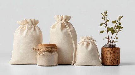 Organic cotton produce bags and jar are neatly arranged, giving sense of eco friendliness and sustainability