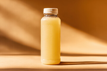 Refreshing pale yellow energy drink emanates honeyed tone, invoking feelings of revitalization and pure delight on sun drenched backdrop