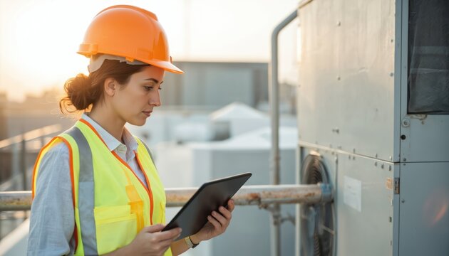 Woman engineer wearing hard hat, safety vest inspects HVAC system on rooftop. Skilled technician uses tablet for assessment of air conditioning unit at construction site. Sunny urban building