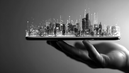 Hand holding smartphone with digital city overlay