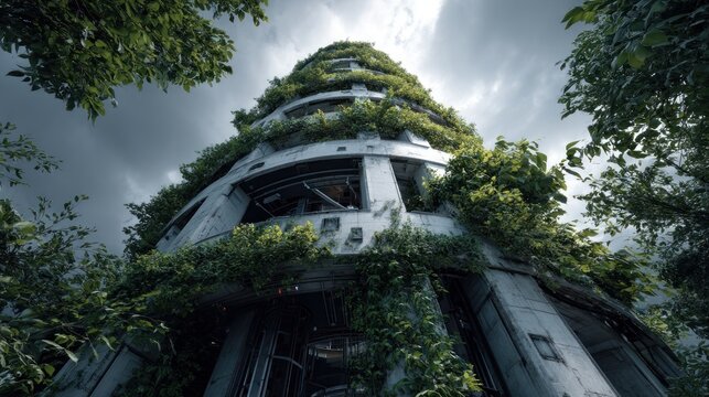 Overgrown Concrete Building Conquered by Lush Vegetation Under an Overcast Sky
