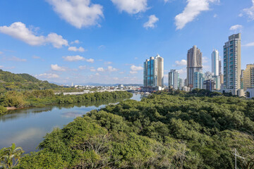 Lush Green Hill Overlooking Balne&aacute;rio Cambori&uacute; Skyline and Atlantic Coast, Santa Catarina, Brazil